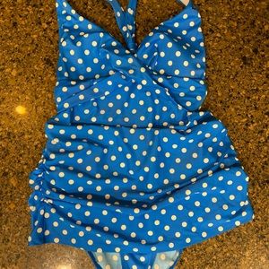Size 10 blue and white  polka dot LL Bean swim dress bathing suit.